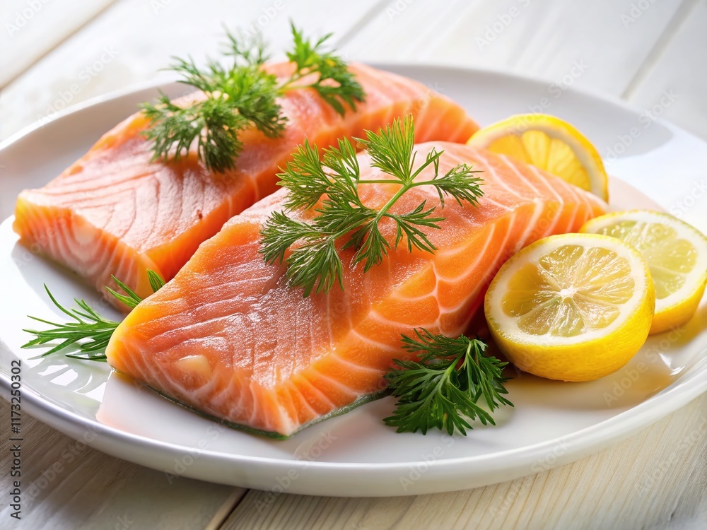 Fresh Salmon Fillets with Dill & Lemon Garnish on White Plate - Gourmet Seafood Dish Fresh Salmon Fillets with Dill & Lemon Garnish on White Plate - Gourmet Seafood Dish