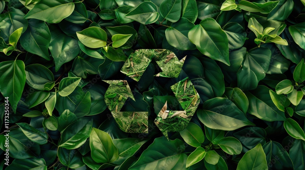 Fototapeta premium Lush green leaves background with recycle symbol.