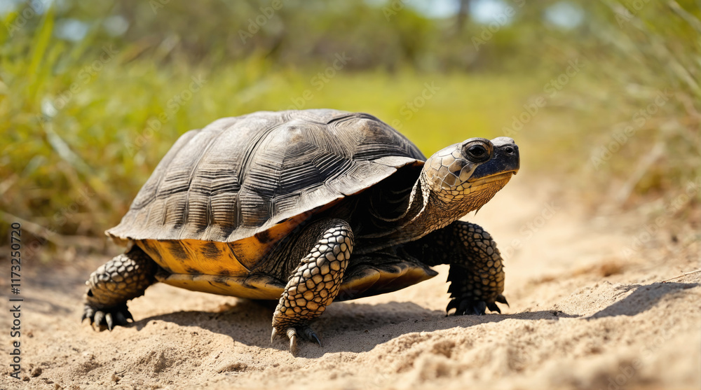 Turtle slowly moving across sandy terrain in a natural habitat during a sunny day in a serene environment Turtle slowly moving across sandy terrain in a natural habitat during a sunny day in a serene environment