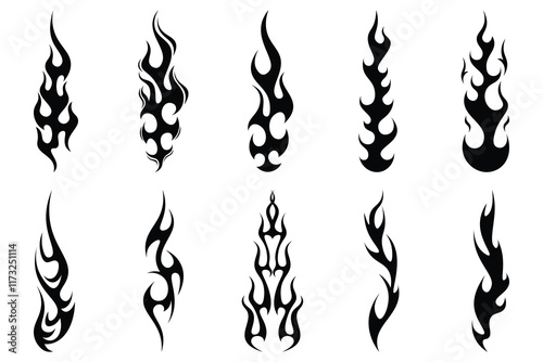 Silhouette Fire flames. Old school tattoo neo-tribal style or silhouette flame for cars. set vector icons. Fire sign. Fire flame icon isolated on white background. Vector illustration	