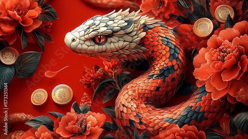 A vibrant snake, coiled amongst red peonies and gold coins.