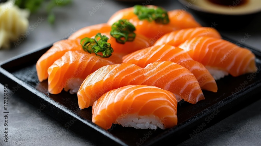A modern take on salmon sashimi, featuring thick, fresh slices on a dark plate, highlighted by subtle garnishes and elegant styling. A modern take on salmon sashimi, featuring thick, fresh slices on a dark plate, highlighted by subtle garnishes and elegant styling.