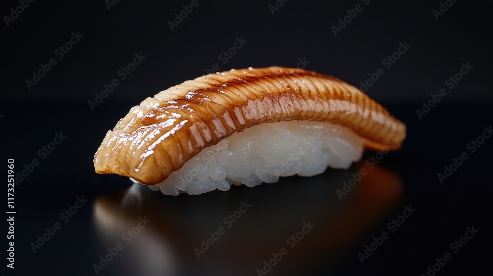 A pristine piece of Anago sushi, showcasing tender eel atop perfectly molded rice, captured on a sleek black background. A pristine piece of Anago sushi, showcasing tender eel atop perfectly molded rice, captured on a sleek black background.