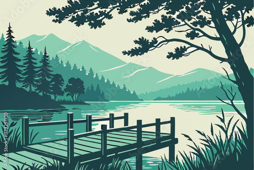 Quiet Lakeside Dock A wooden dock extending over a still lake, surrounded by dense forest and mountains in the background. The style is tranquil and minimalist, with a cool palette of greens, blues, a