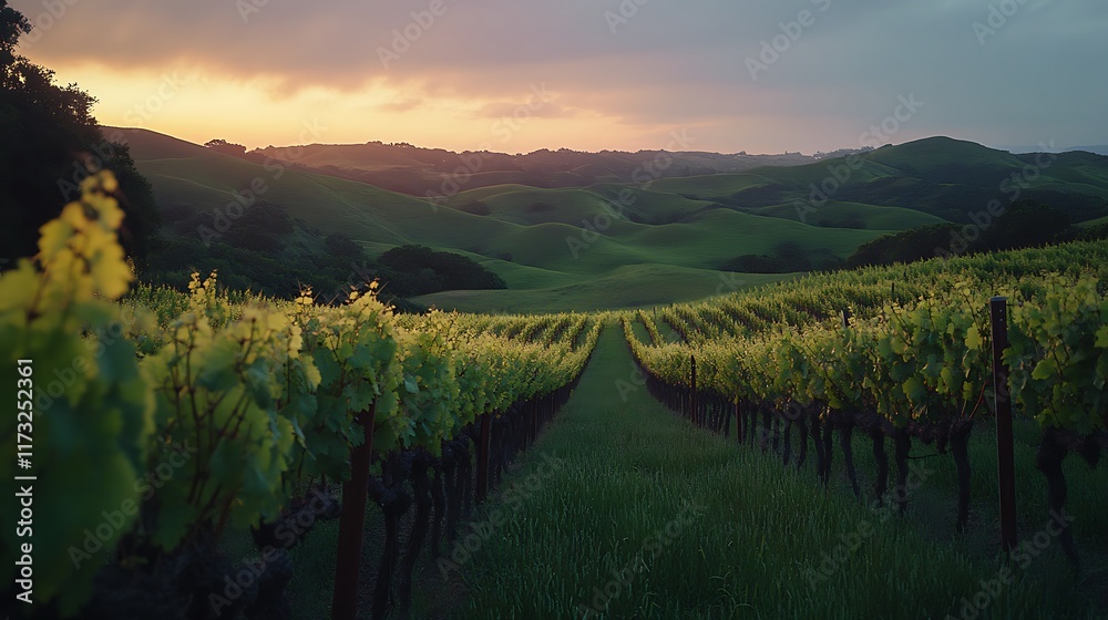 Naklejka premium Vineyard Rows at Sunset Over Rolling Hills