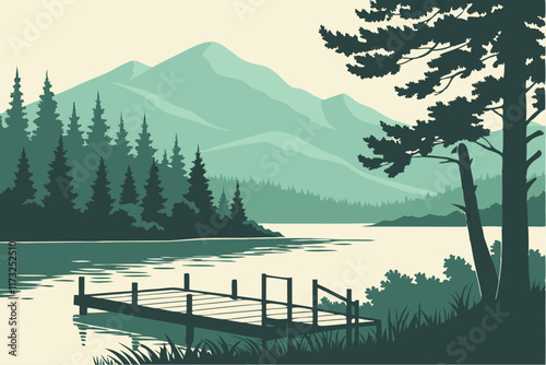 Quiet Lakeside Dock A wooden dock extending over a still lake, surrounded by dense forest and mountains in the background. The style is tranquil and minimalist, with a cool palette of greens, blues, a