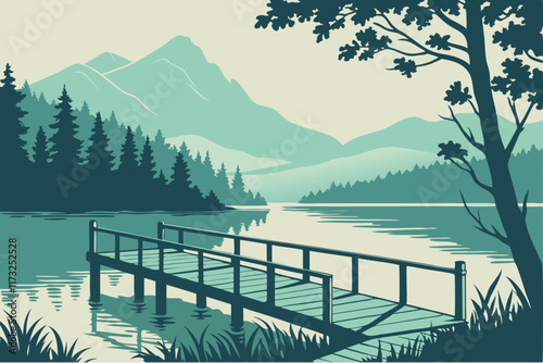 Quiet Lakeside Dock A wooden dock extending over a still lake, surrounded by dense forest and mountains in the background. The style is tranquil and minimalist, with a cool palette of greens, blues, a