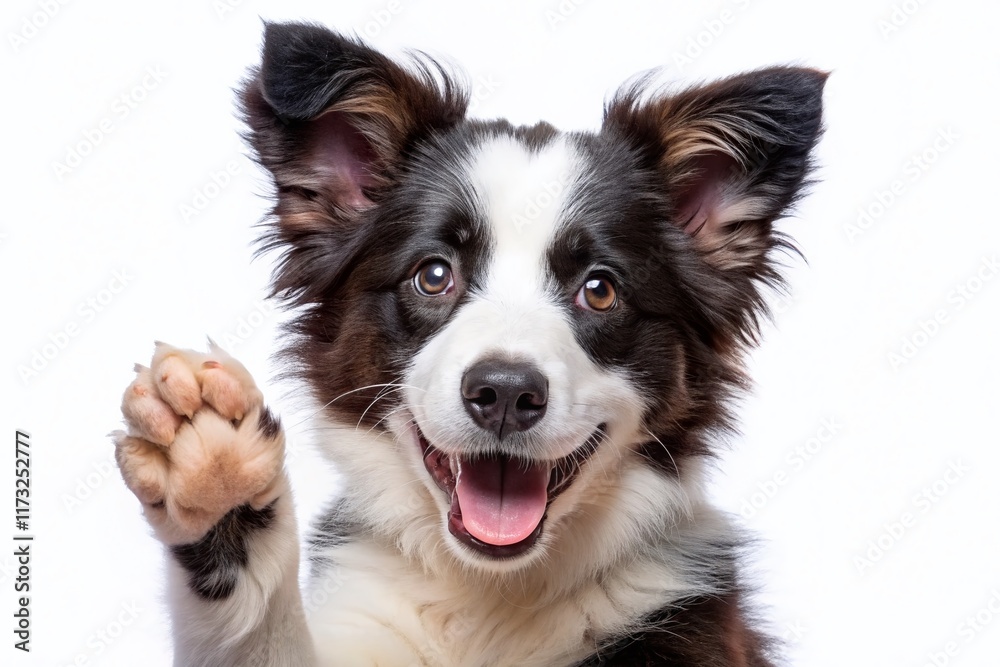Funny Border Collie Puppy Waves Paw, Cute Dog Isolated on White Background Funny Border Collie Puppy Waves Paw, Cute Dog Isolated on White Background