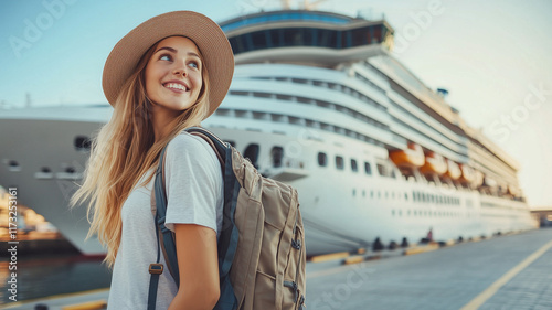 A young female traveler, wearing a chic hat and carrying a backpack, poses in awe before a luxurious cruise ship docked at a harbor, her face glowing with adventure and joy. Ai generated