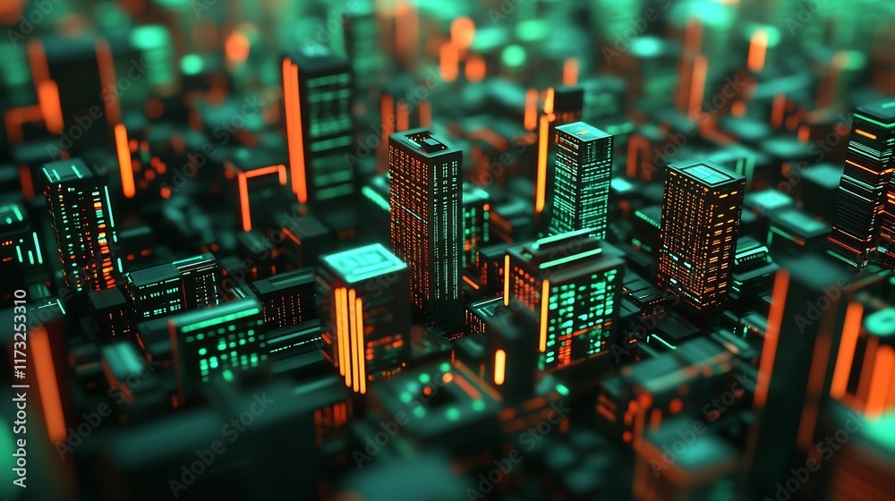 Obraz premium Surreal Fusion of Futuristic Neon-Lit City Skyline and Intertwining Data Streams