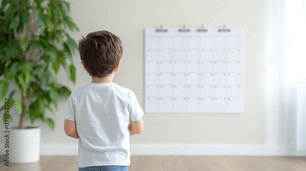 Young Boy Standing Confidently Before Family Calendar Filled with Colorful Events and Activities Symbolizing Joyful Moments and Cherished Memories Young Boy Standing Confidently Before Family Calendar Filled with Colorful Events and Activities Symbolizing Joyful Moments and Cherished Memories