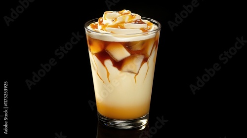 A refreshing glass of Thai iced tea with a swirl of creamy milk and ice cubes, showcasing the perfect blend of black tea, sugar, and milk.