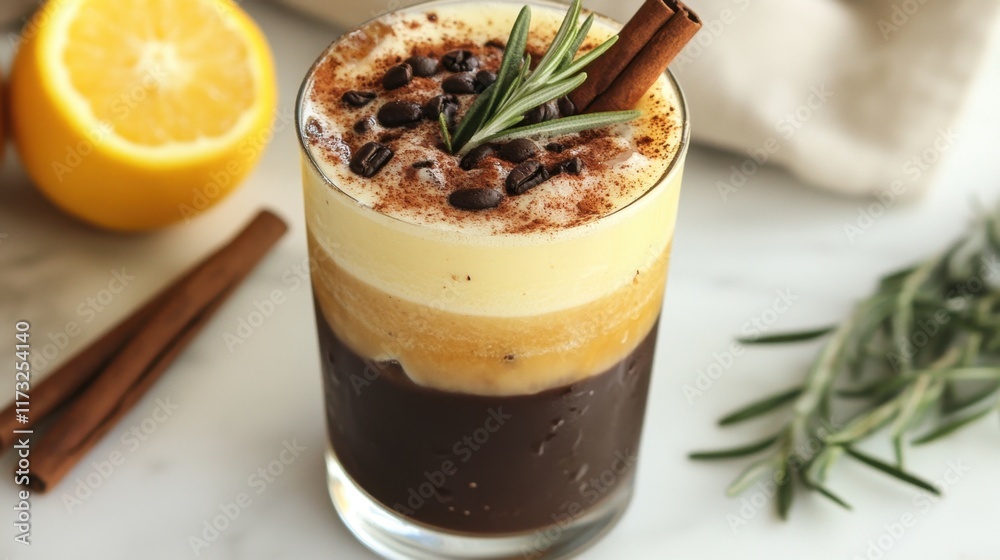 A refreshing iced coffee drink featuring layers of black coffee, orange, and lemon juice, garnished with fresh rosemary and a cinnamon stick. A refreshing iced coffee drink featuring layers of black coffee, orange, and lemon juice, garnished with fresh rosemary and a cinnamon stick.