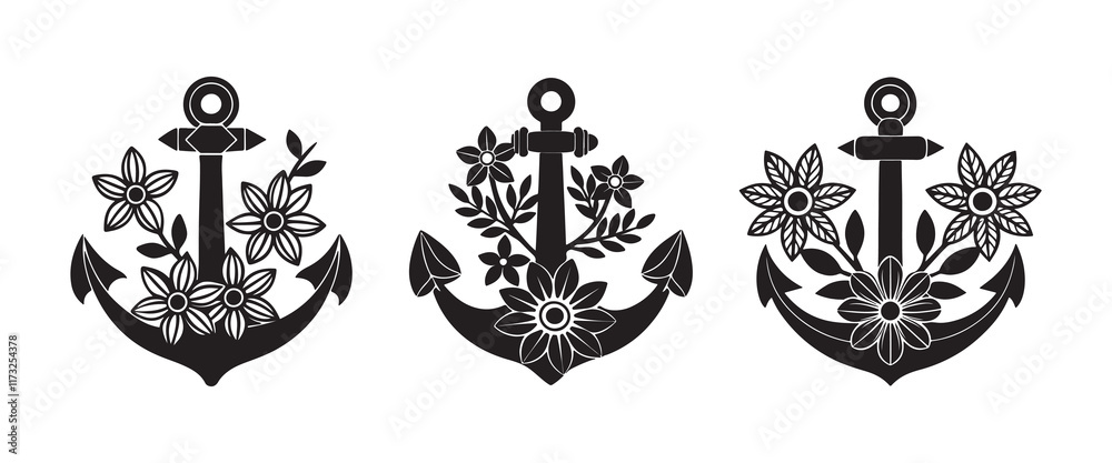 Fototapeta premium Set of Anchors silhouette, black and white silhouette, vector and illustration