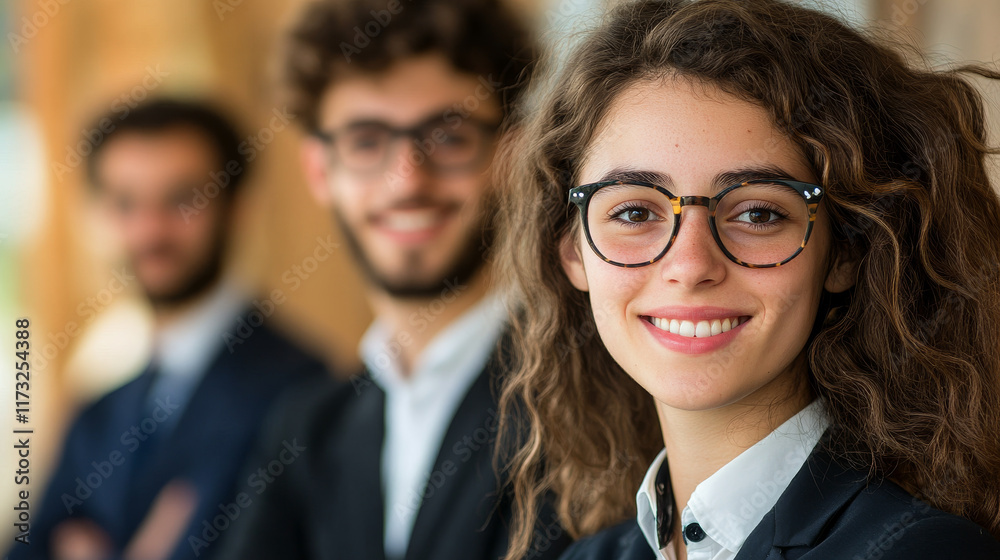 Confident Young Professional Woman Smiling in Focus with Team Members Behind Confident Young Professional Woman Smiling in Focus with Team Members Behind