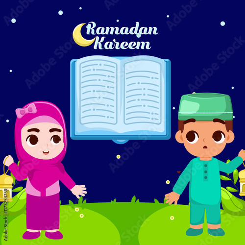 Boy and girl bring lantern and holy quran, welcoming ramadan