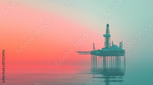 Visualize an oil rig against a gradient sky, connecting the physical world to the global economy.