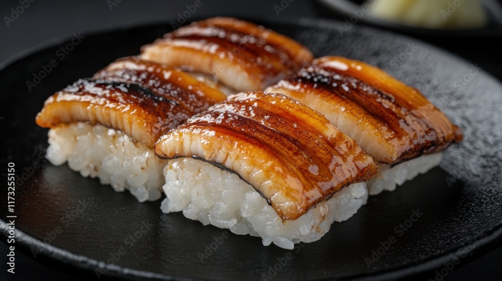 A simple yet striking image of Anago sushi, with grilled eel on rice, displayed on a black plate and isolated on a black background. A simple yet striking image of Anago sushi, with grilled eel on rice, displayed on a black plate and isolated on a black background.