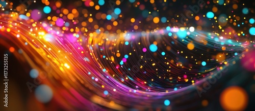 Visualize the abstract concept of data as vibrant lights and dots swirl in the foreground, representing the endless possibilities of the digital age