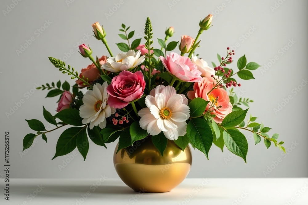 Lush floral arrangement with mixed greenery and golden vase, sophisticated, decorative, luxury Lush floral arrangement with mixed greenery and golden vase, sophisticated, decorative, luxury