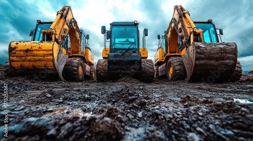 Three construction vehicles lined up on muddy ground.