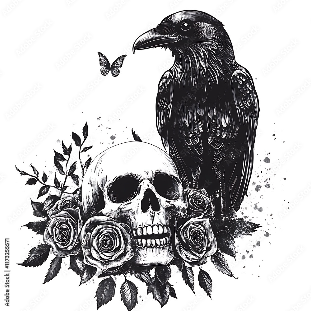 Fototapeta premium Raven, skull, roses, and butterfly art.