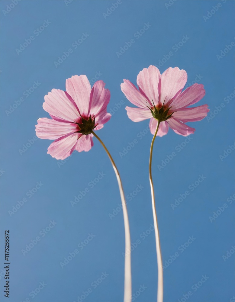 Two Pink Cosmos Flowers Against a Vivid Blue Sky