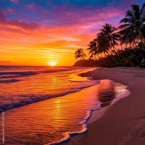 Title: Vibrant Tropical Sunset Beach