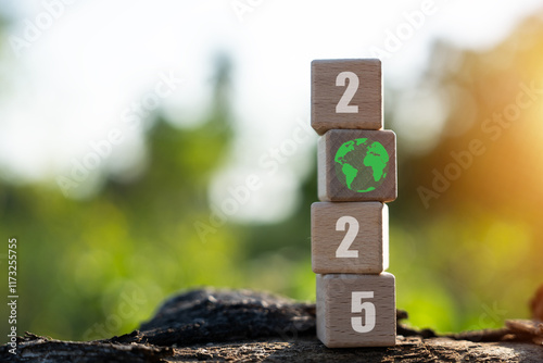 New Year 2025 on a wooden cube represents environmental protection. Achieving business goals and success Protect the environment