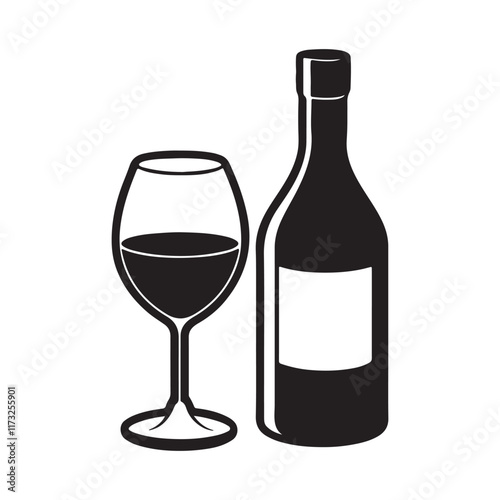 A bottle with wine glass silhouette, black and white silhouette, vector and illustration