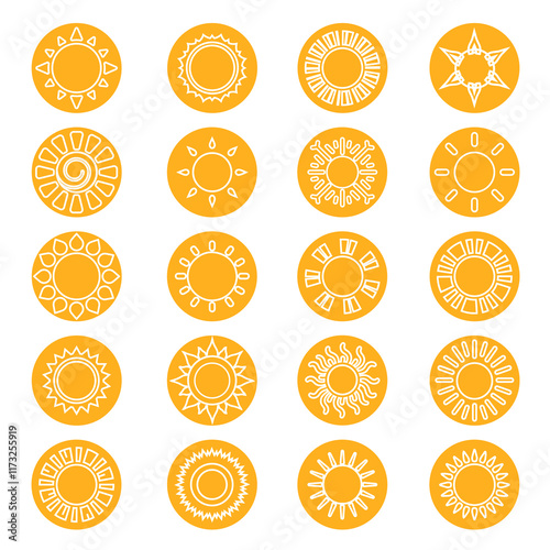 Sun sunset sunlight solar shunshine white silhouette icon set collection vector flat style illustration with yellow background photo