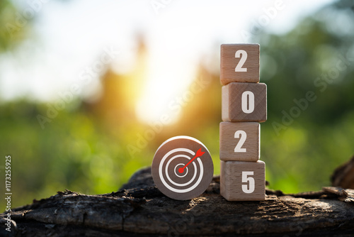 New Year 2025 on a wooden cube represents environmental protection. Achieving business goals and success Protect the environment