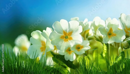 Spring's Gentle Embrace: Delicate white primroses bathed in sunlight, nestled amongst vibrant green grass against a clear blue sky. A breathtaking image of springtime serenity and renewal. 