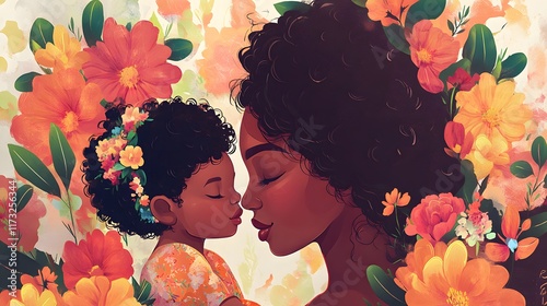 Illustration of an African American mother and child, both with flowers in their hair, embracing each other against a soft cream background