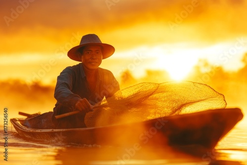 A Cambodian fisherman casting a net into the Tonle Sap Lake at dawn, with a boat silhouetted against the morning mist photo