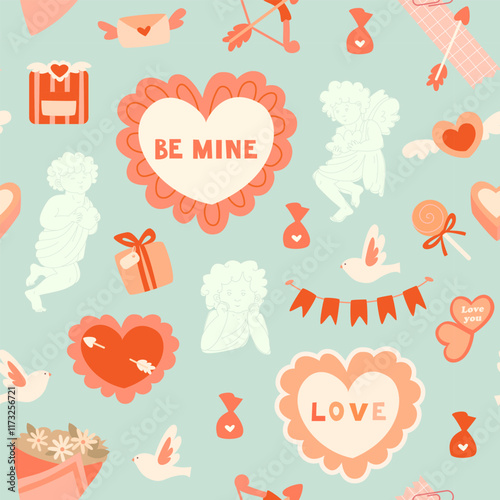 Seamless Valentine's Day pattern with cupids, hearts, flags, bouquet, gifts, doves. Vintage style. Suitable for wrappers, backgrounds, wallpapers, textiles