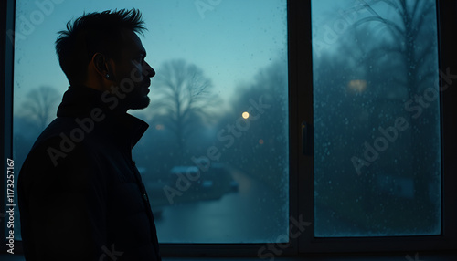 Young man feeling melancholic while looking out the window on a rainy day