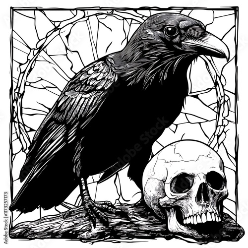 Raven perches next to a skull, art style. photo