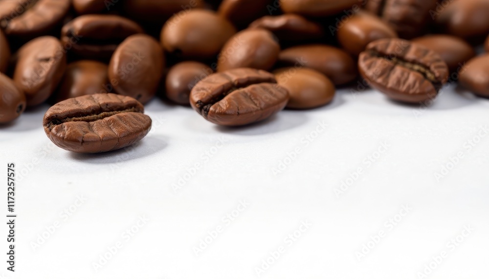 Naklejka premium Roasted coffee beans scattered on white, close-up view, dark, roasted, espresso