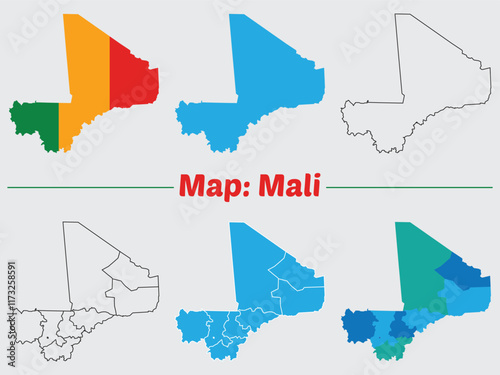 Mali country map set. internal provinces borders marked, Simple map of Mali vector drawing, Filled and outline.