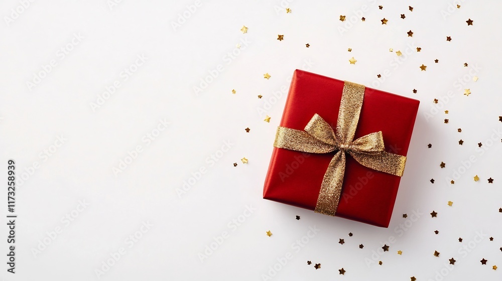 Elegant Red Gift Box with Shiny Gold Ribbon on White Background