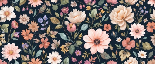 A seamless pattern of pastel flowers on a dark background, perfect for textile, fabric, and other design projects.