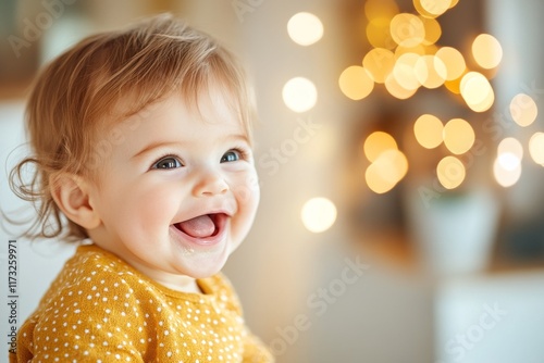 A close-up of a baby laughing, with their eyes sparkling and cheeks rosy, captured in a moment of pure joy