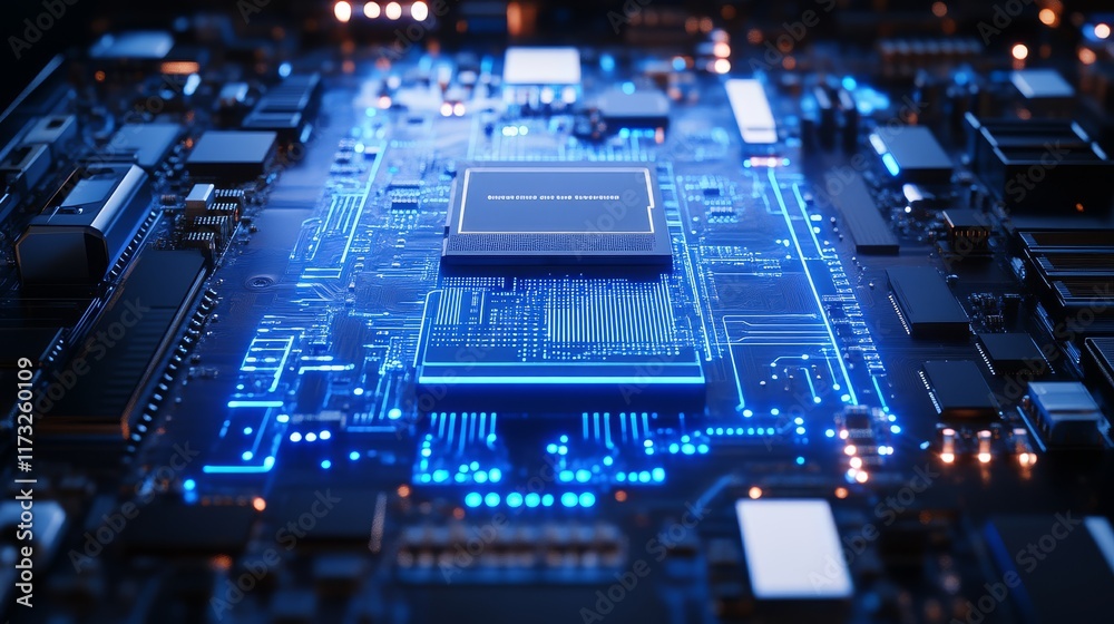 A close-up view of a circuit board illuminated with blue lights, showcasing intricate electronic components and connections. A close-up view of a circuit board illuminated with blue lights, showcasing intricate electronic components and connections.