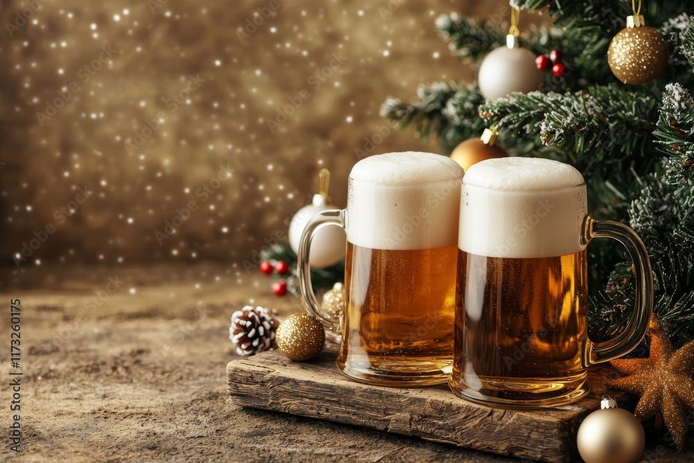 three frothy beer mugs on a rustic wooden table, surrounded by a Christmas tree and baubles, set against a cozy background with copy space three frothy beer mugs on a rustic wooden table, surrounded by a Christmas tree and baubles, set against a cozy background with copy space