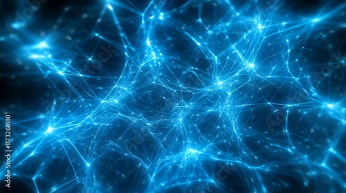 A glowing, intricate web of blue light resembling a digital network or galaxy, set against a dark background, evoking a sense of depth and interconnectedness.