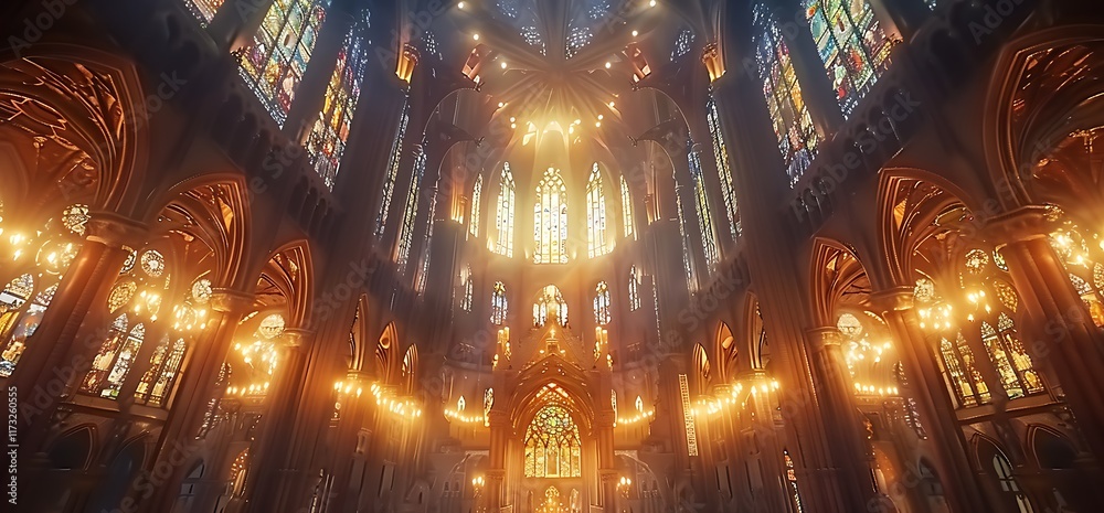 Obraz premium Majestic cathedral interior with stained glass windows and warm lighting.