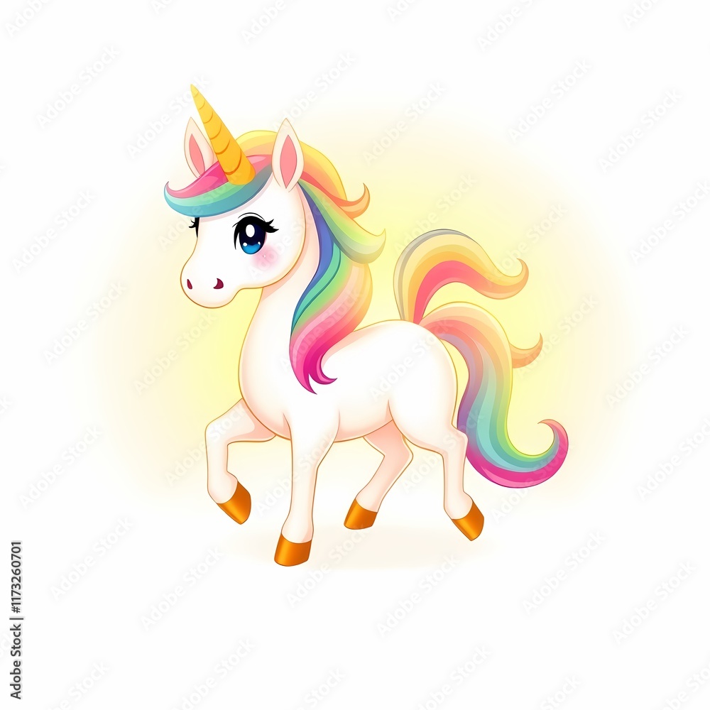 Magical Rainbow Unicorn: A whimsical and enchanting illustration of a white unicorn with a rainbow mane and tail. The unicorn's bright blue eyes and golden horn add to its charming personality. Magical Rainbow Unicorn: A whimsical and enchanting illustration of a white unicorn with a rainbow mane and tail. The unicorn's bright blue eyes and golden horn add to its charming personality.