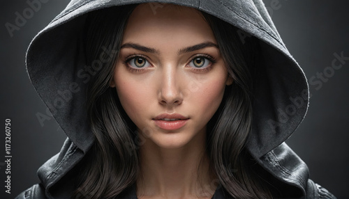 Mysterious young woman in a dark hooded jacket with striking blue eyes indoors