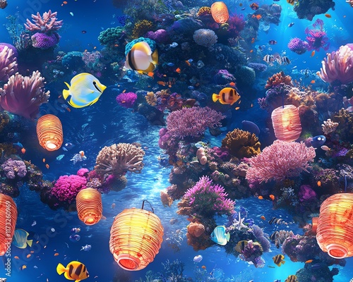 Vibrant coral reef teeming with colorful fish and whimsical floating lanterns.  A serene underwater paradise. photo